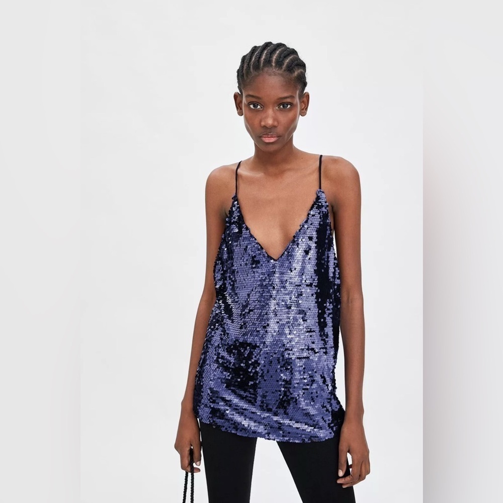 ZARA Women's Top Blue Purple Sequin Party Cami Tank Blogger V Neck Size M NWOT